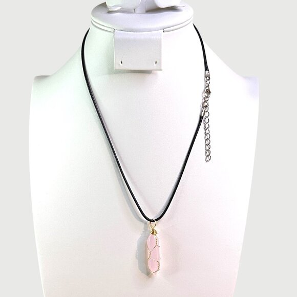 Pink Crystal Pendant Necklace With Black Cord & Gold Wire Wrap Adjustable Chain - Picture 1 of 5